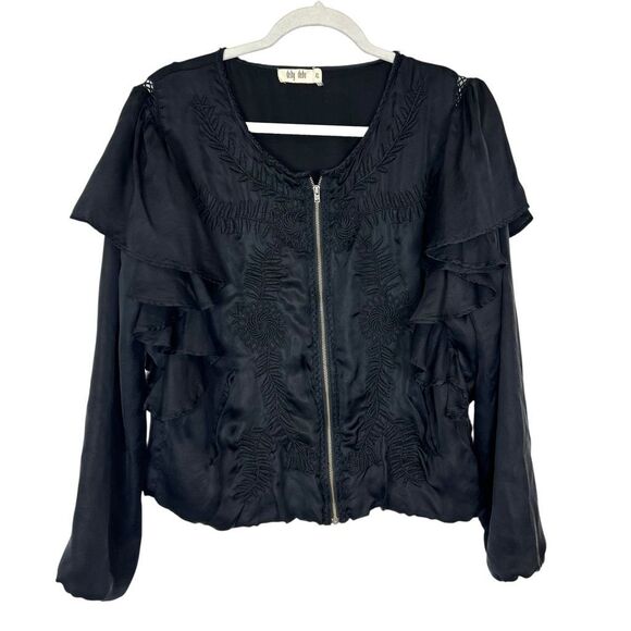 Deby Debo Blouse Jacket Womens Black Yucca Embroidered Flutter Ruffle Zip XL - Picture 1 of 14
